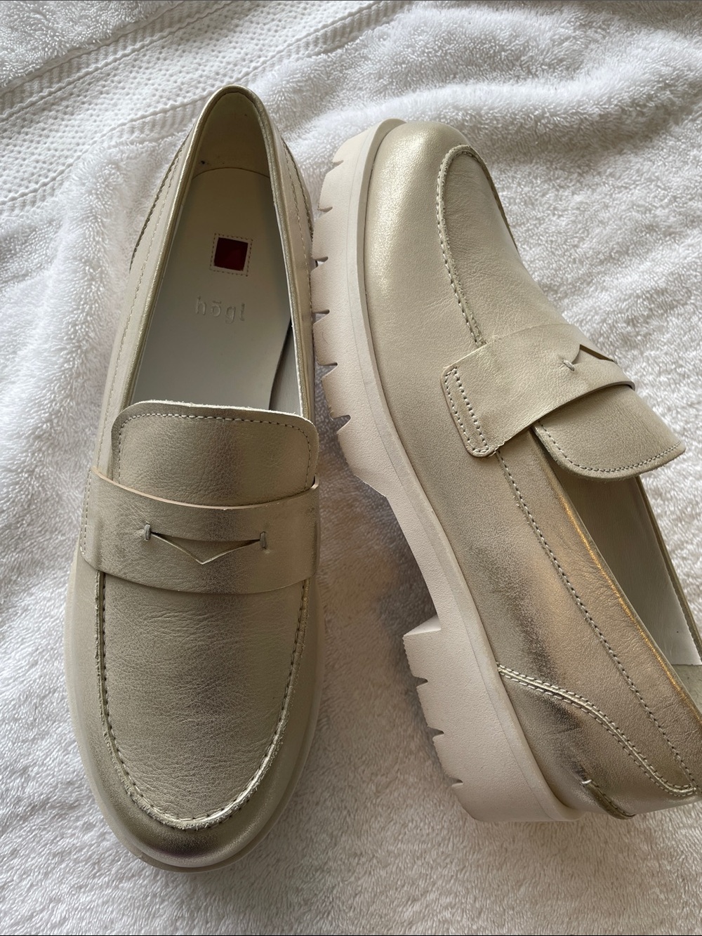 HOGL Women’s Distressed Gold  Leather Penny Loafers — Lightweight Lug Sole